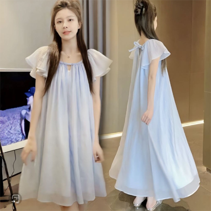 孕妇装连衣裙夏季超仙宽松慵懒显瘦遮肚子系带小飞袖中长款裙子女