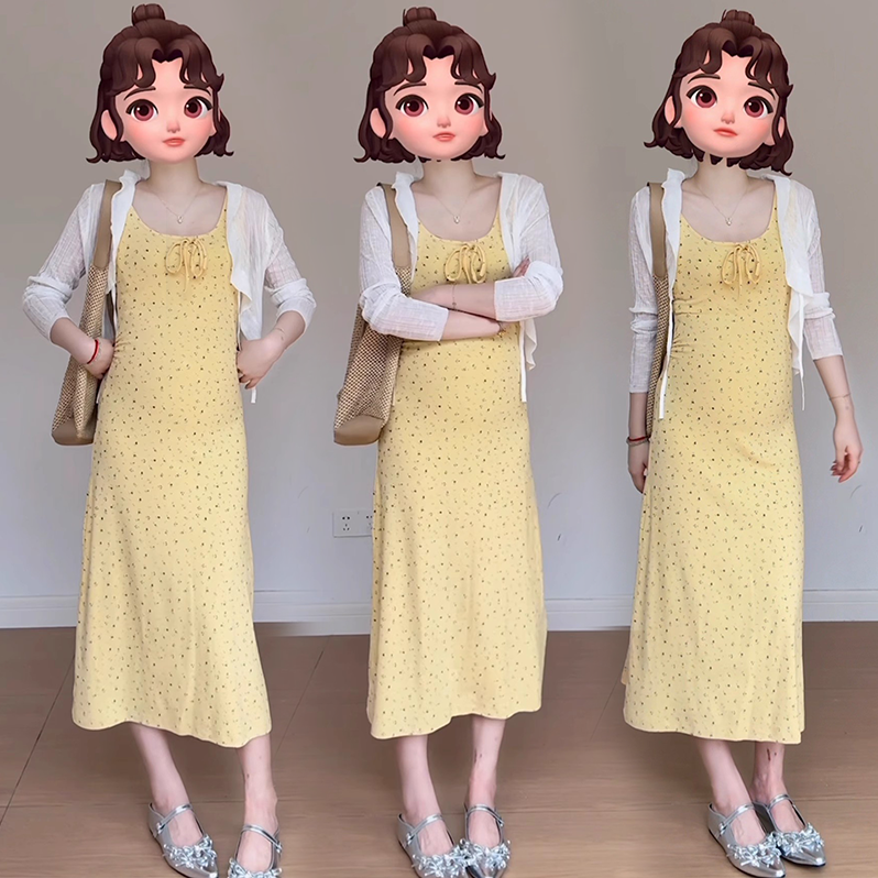 孕妇连衣裙夏季法式孕期高级感穿搭修身碎花黄色背心长裙夏天套装