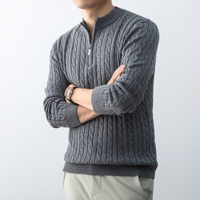 绞花半高领拉链羊毛衫男2025冬季新款加厚保暖男装毛衣针织衫