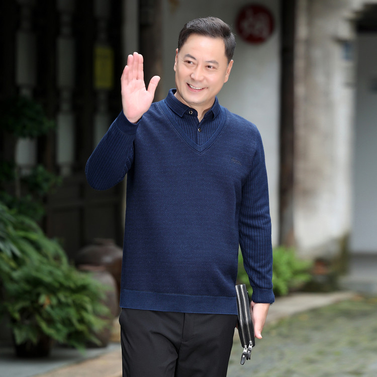 冬季毛衣中年男士羊毛衫爸爸假两件加绒加厚保暖打底衫上衣