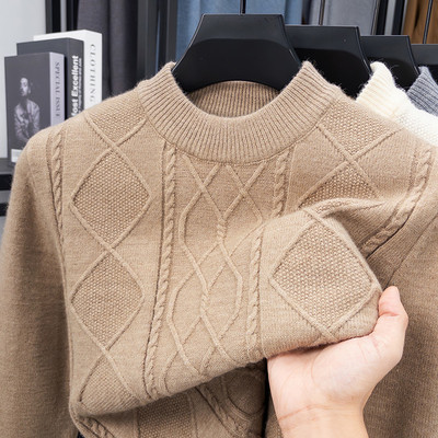 秋冬季男士休闲提花打底针织衫圆领加厚毛衣中青年冬装羊毛衫男