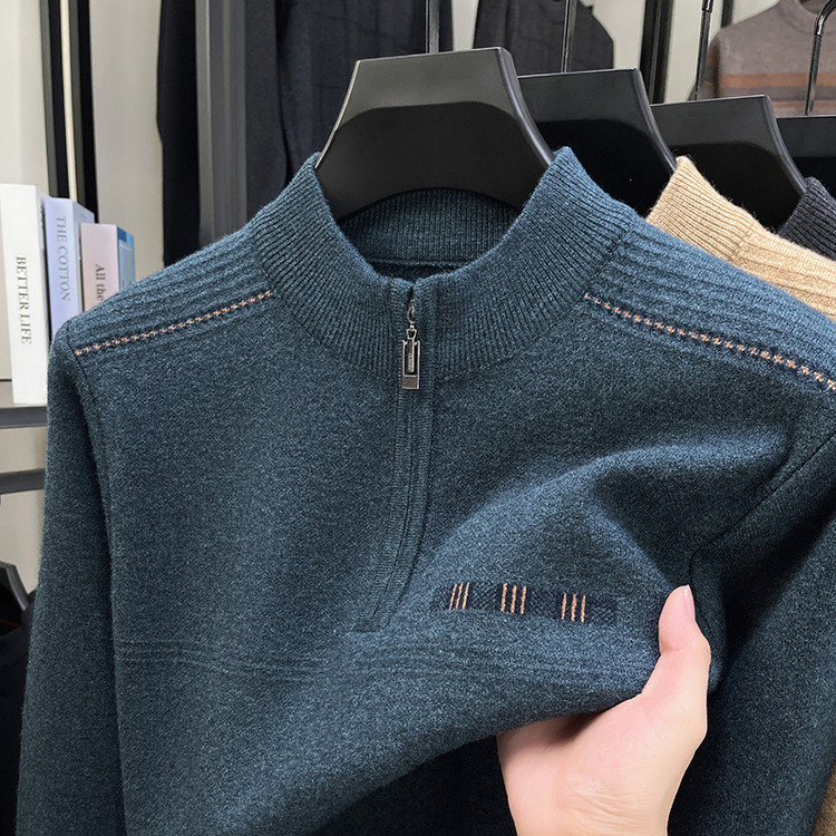 新款羊毛衫男秋冬加厚拉链领半高针织衫纯色中老年男士爸爸装