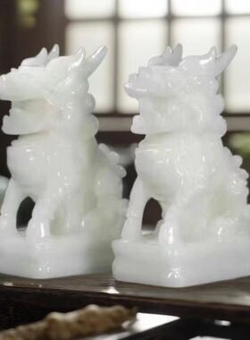 天然汉白玉麒麟玉石招财家居开业玄关送礼客厅礼品摆件
