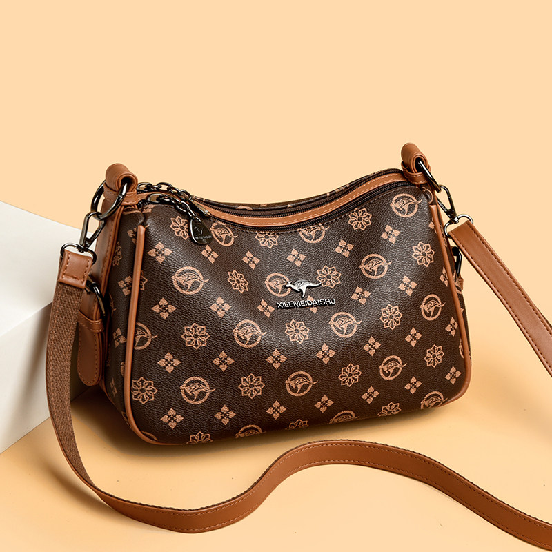 真皮女包包2025新款复古时尚中年妈妈包高级感多层女士印花斜挎包