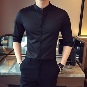 C76-P45 春夏纯色立领 男士韩版休闲发型师中袖衬衫七分袖衬衫男图片