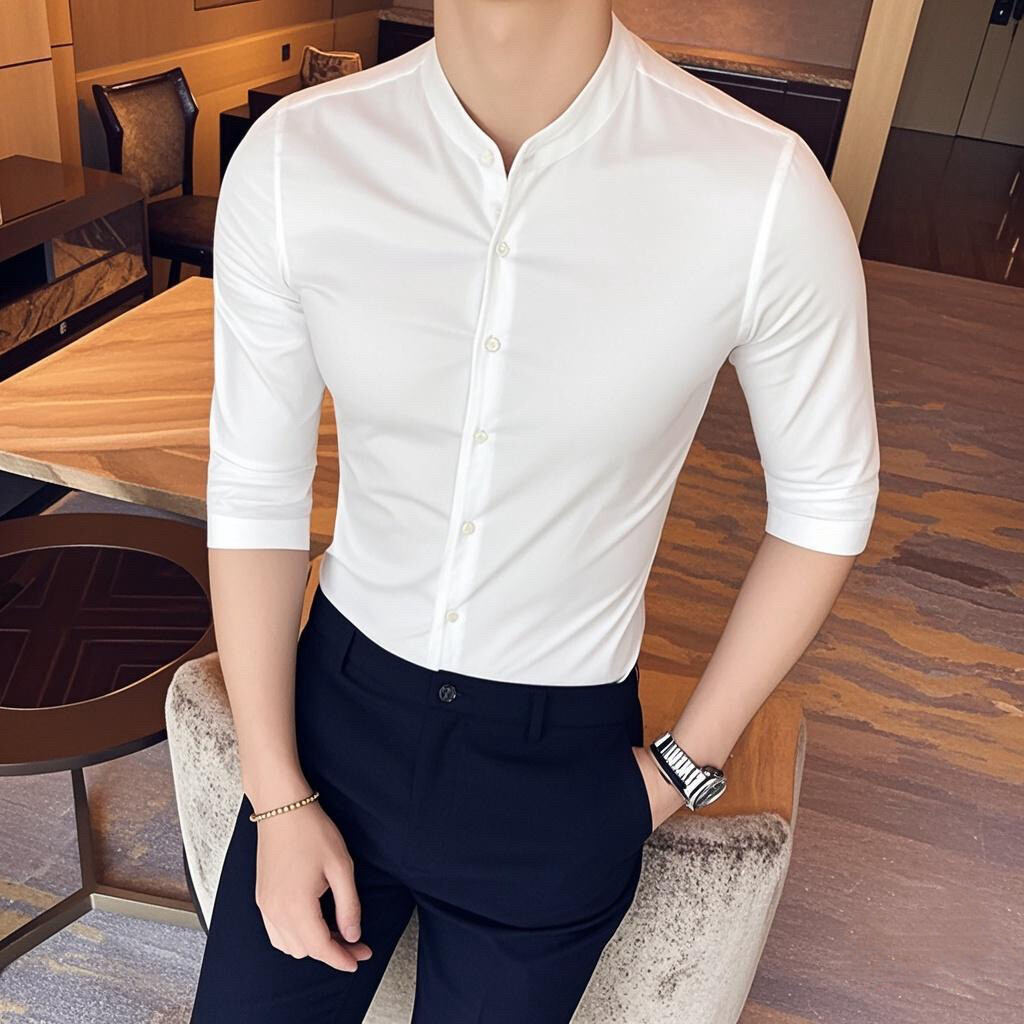 C76-P45春夏纯色立领男士韩版休闲发型师中袖衬衫七分袖衬衫男,男装衬衫,电商C309A