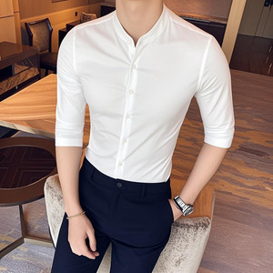 C76-P45 春夏纯色立领 男士韩版休闲发型师中袖衬衫七分袖衬衫男图片