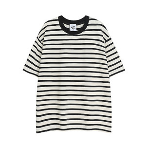 T016-P35 纯棉 克重250 学院风黑白条纹短袖T恤男女情侣百搭t恤,男装T恤,电商C309A