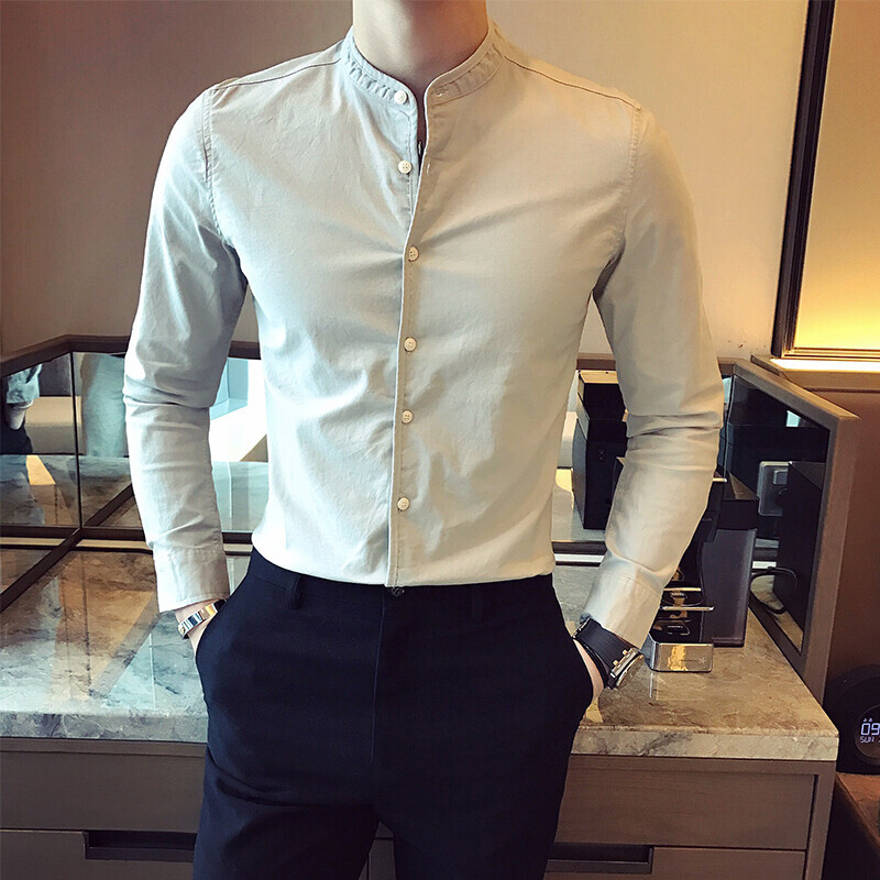 C66-P55春秋韩版修身男士立领纯色休闲衬衫发型师商务休闲衬衣潮，男装衬衫，电商C309A