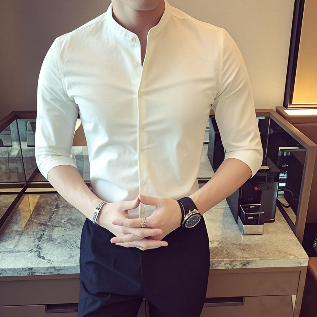 C76-P45春夏纯色立领男士韩版休闲发型师中袖衬衫七分袖衬衫男,男装衬衫,电商C309A
