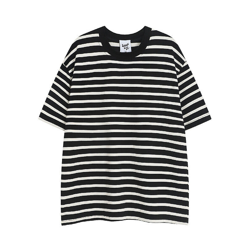 T016-P35纯棉克重250学院风黑白条纹短袖T恤男女情侣百搭t恤，男装T恤，电商C309A