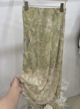 复古印花半身裙女高腰显瘦中长裙百搭气质A字裙绿色