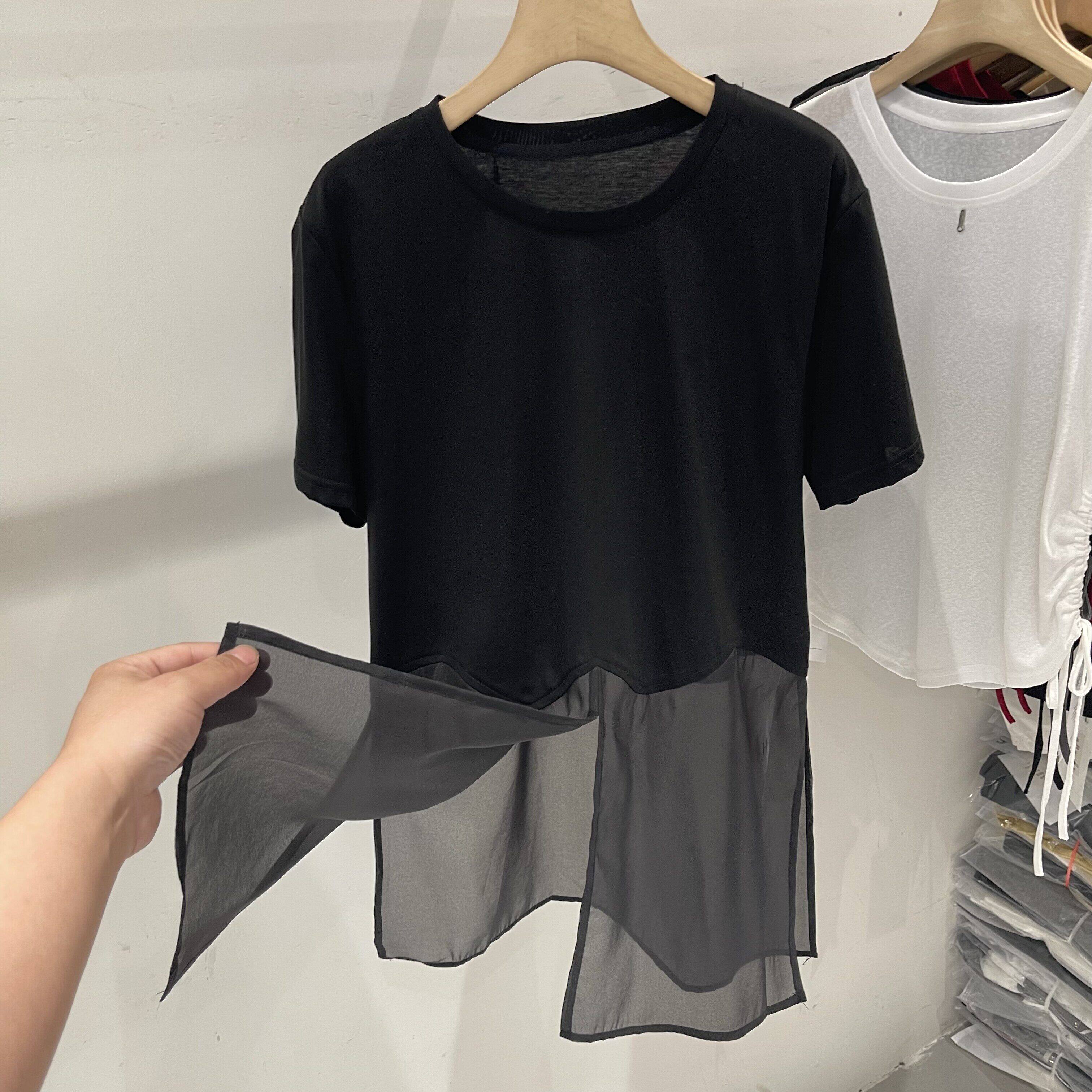 中长款圆领拼接网纱开叉短袖T女