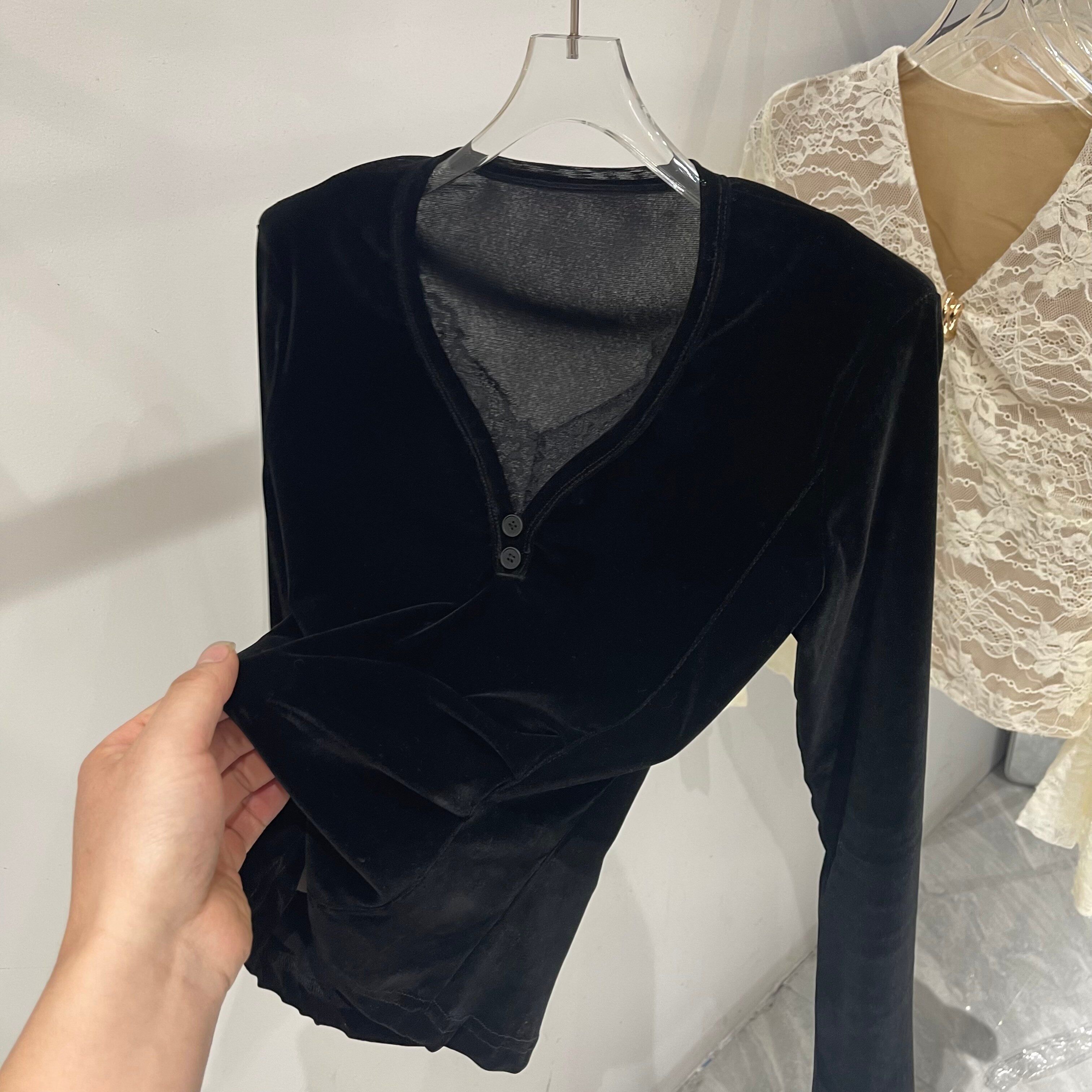 蕾丝拼接丝绒长袖垫肩T恤女修身