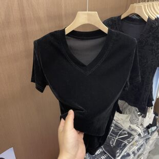 气质V领简约百搭丝绒垫肩短袖 新款 显瘦洋气打底衫 潮 T恤女2026夏季