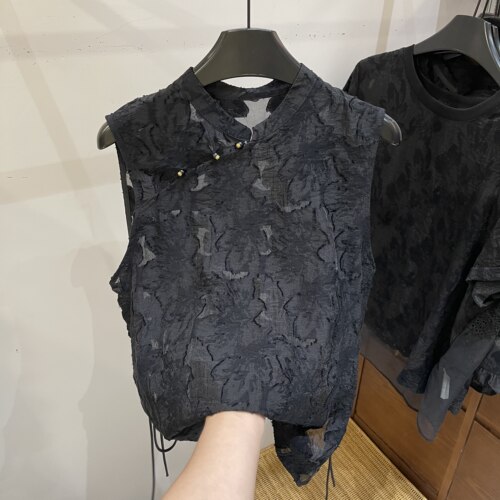新中式立领盘扣提花无袖衫女开叉