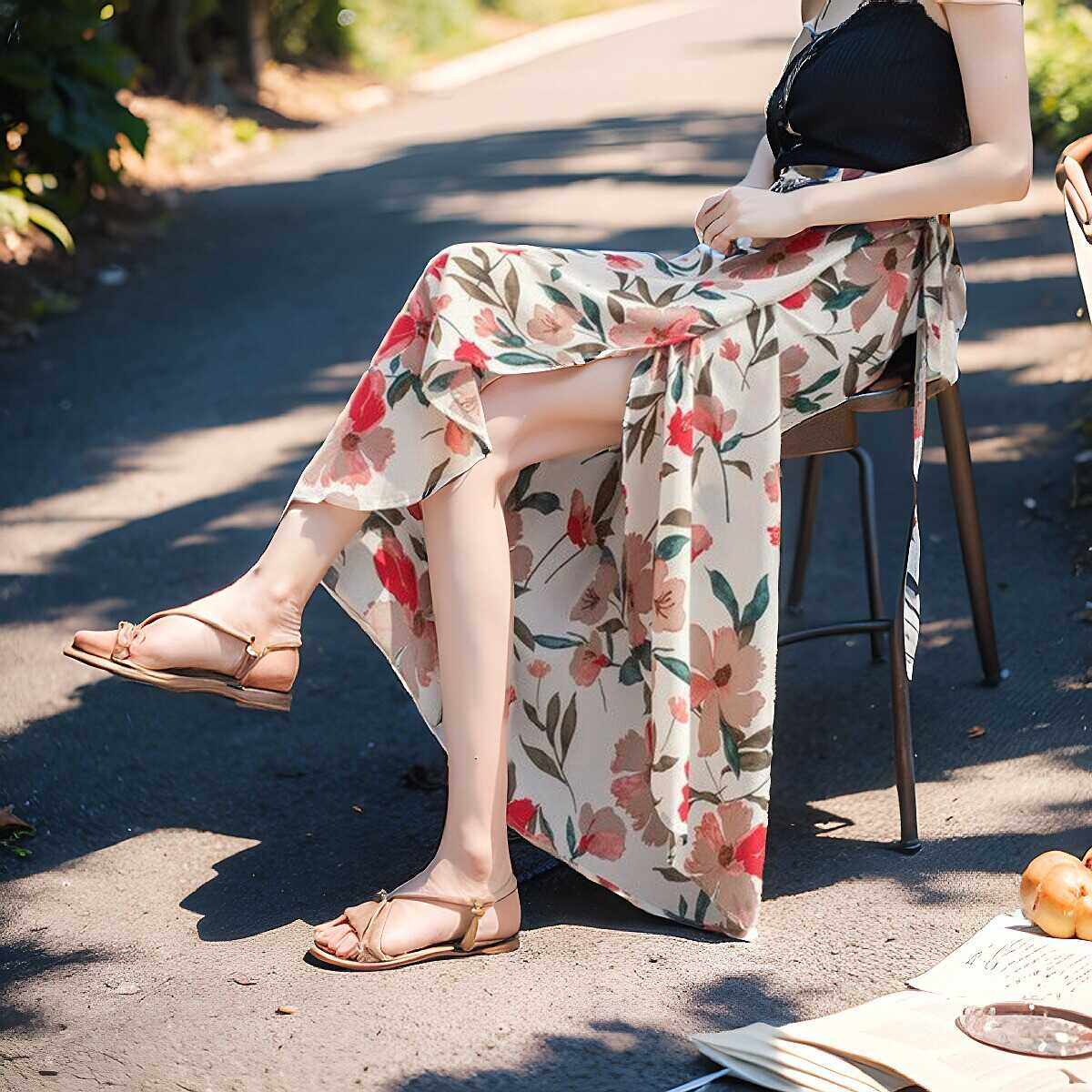 碎花一片式半身裙度假高腰不规则沙滩裙跳舞裙裹裙女2024夏季新款