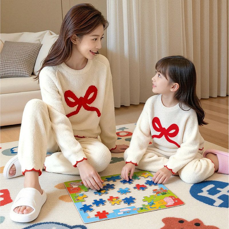 软绵绵睡衣秋冬季新款加厚保暖半边绒套头甜美风亲子家居服可外穿