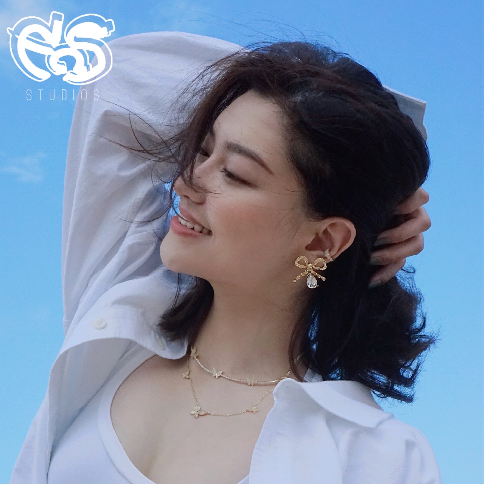 【EOSSTUDIO】精致水晶蝴蝶结水波纹925银针耳环抖音同款耳饰女