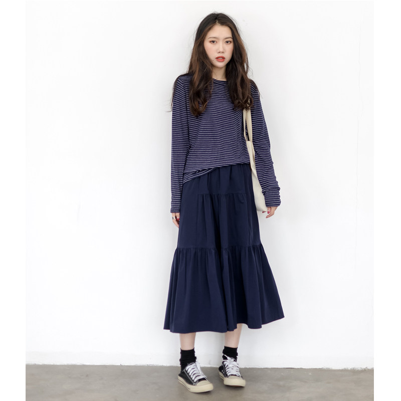 复古日系纯色宽松高腰松紧腰中长裙半身裙女设计感小众春季a字裙