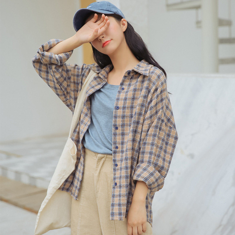 Retro Mid length version lattice shirt coat 2019 new pattern Easy Korean Edition Harajuku bf student Long sleeved shirtin the Women's clothing/Boutique , Shirt  category - from Buy2taobao.com to provide professional Taobao agent buy service