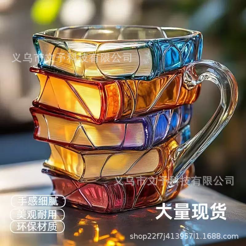 跨境创意书堆马克杯树脂工艺不锈钢杯子艺术摆件彩绘书咖啡杯