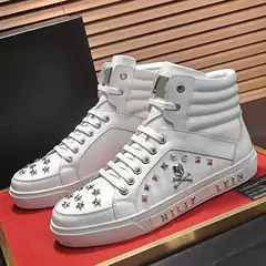 Spring and Autumn New Trendy Men's Shoes Korean Style Skull High-Top White Shoes Fashionable Versatile Studded Sneakers Men's Martin Boots