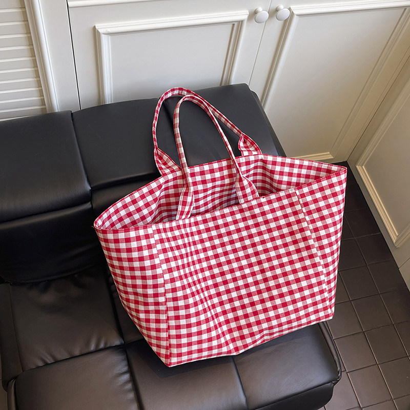 今年流行大容量格子帆布托特包新款ins时尚文艺慵懒风单肩购物袋