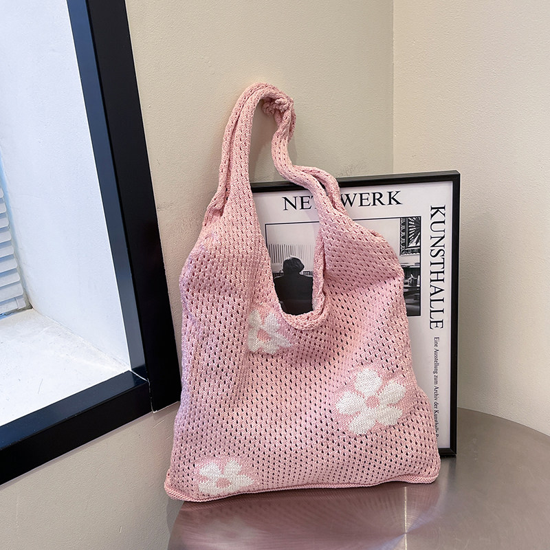 高级感针织编织包女新款韩版单肩托特包慵懒风针织镂空花朵沙滩包,箱包皮具/热销女包/男包,托特包,淘宝优惠券,粉丝福利购,淘宝优惠卷