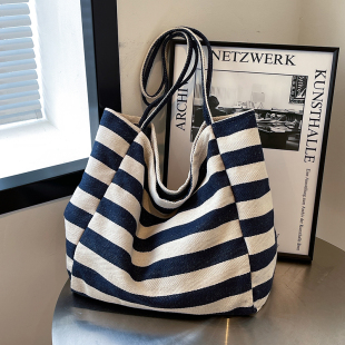 韩国ins文艺撞色条纹帆布包托特包大容量单肩包慵懒风购物袋大包