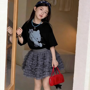 女中大童连衣裙2026新款夏季儿童洋气甜美蛋糕裙猫咪印花时尚潮流
