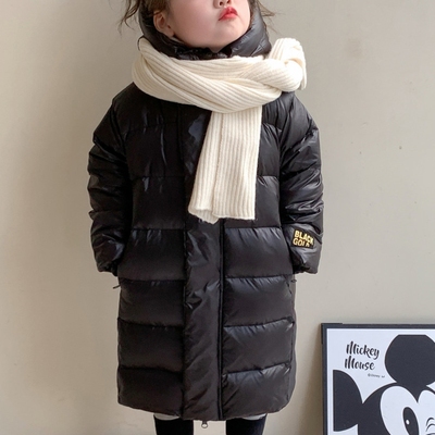 女童外套2025新款洋气加绒加厚冬款黑色长款黑金羽绒服过膝中长款