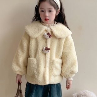 女童外套2025新款 米色毛毛衣可爱小猫好穿潮 洋气时髦加绒加厚冬款