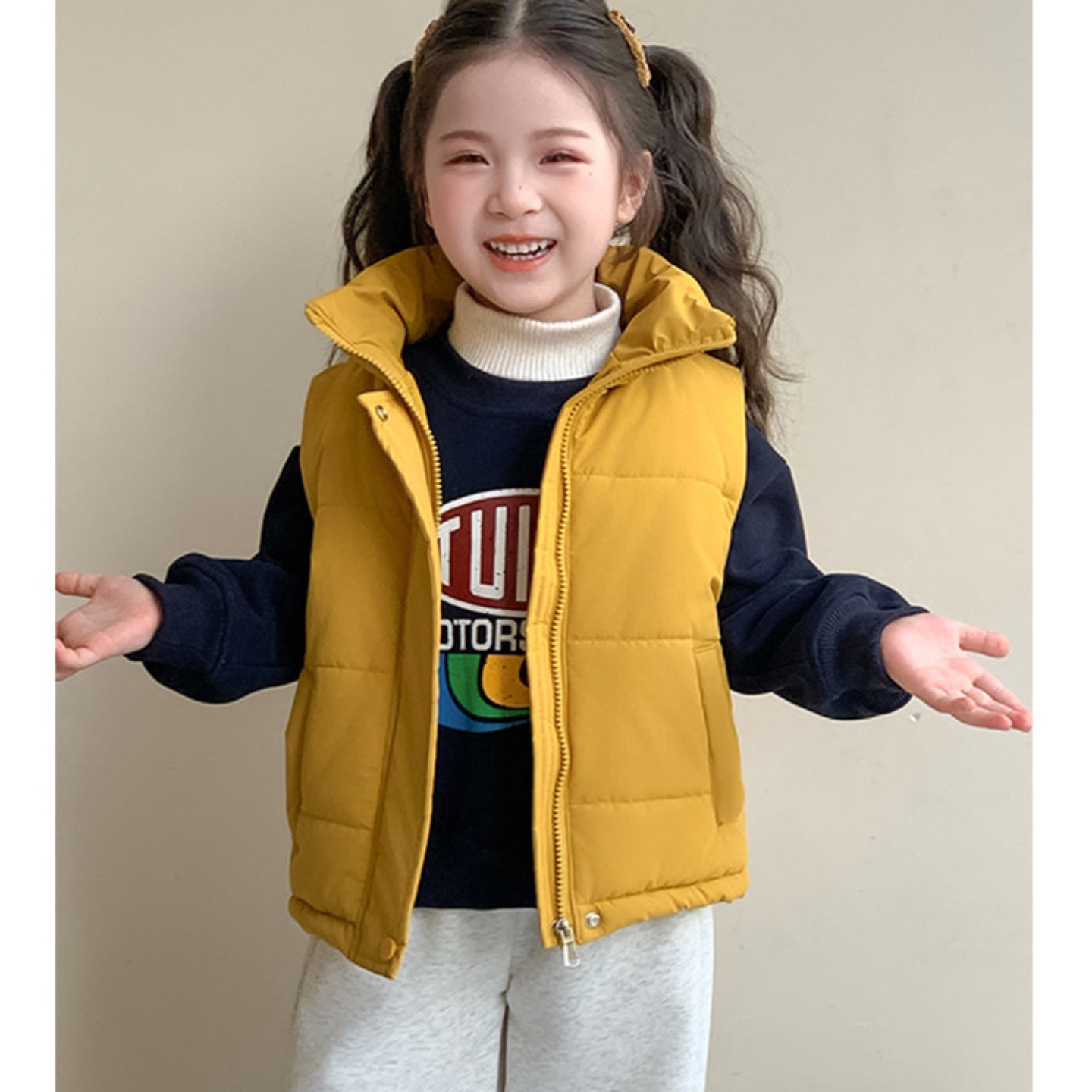 女童套装2025新款洋气时髦加绒加厚冬款黄色马甲卫衣卫裤三件套潮