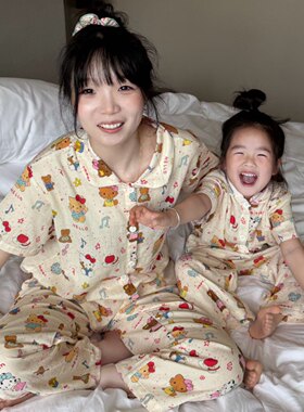 小熊印花母女亲子装睡衣2026新款夏季洋气时髦短袖上衣长裤家居服