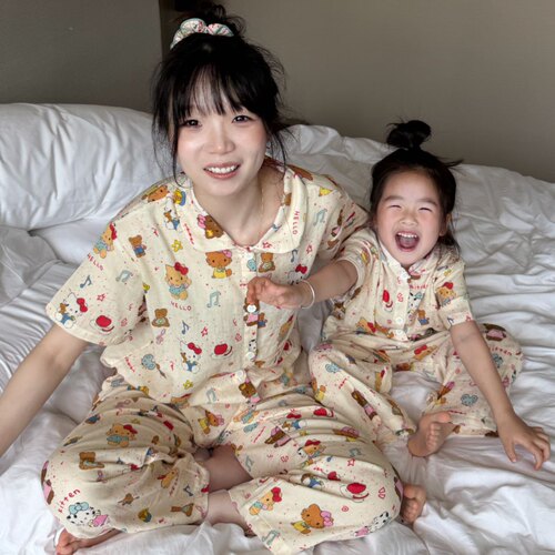 小熊印花母女亲子装睡衣2026新款夏季洋气时髦短袖上衣长裤家居服