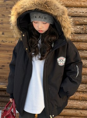 女大童真毛领羽绒派克服2026新款洋气时髦加厚冬款保暖拜年服军绿