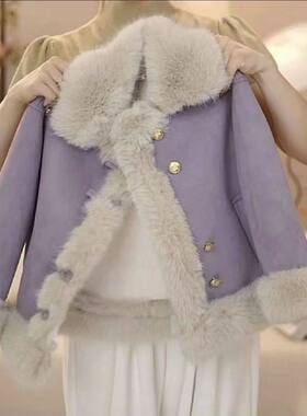 女童加绒外套秋冬款2024新款紫色洋气时髦冬装宝宝加厚鹿皮绒棉袄