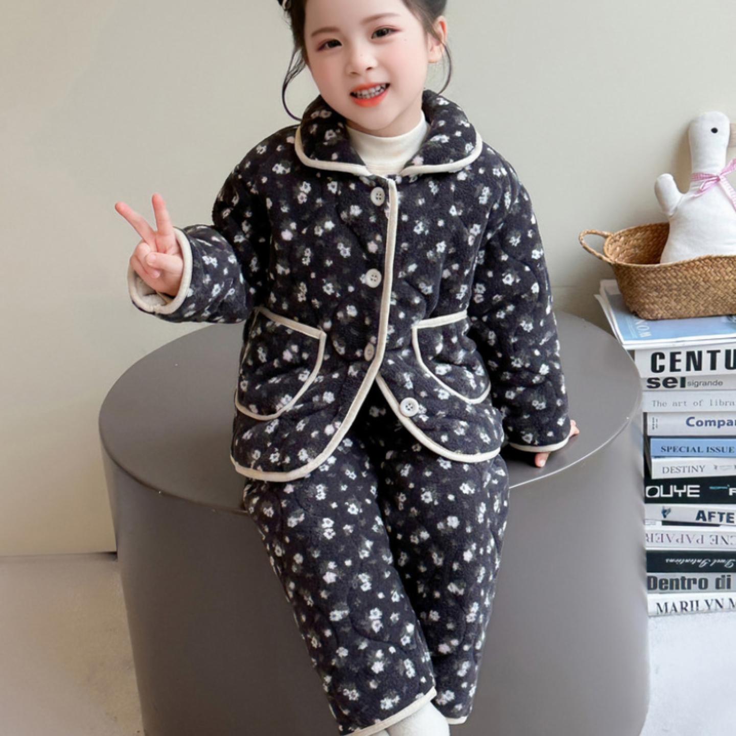 女童家居服2025新款洋气时髦加绒加厚冬款韩系保暖棉袄外套睡衣潮