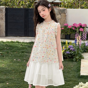 女童夏季无袖绣花套装连衣裙碎花菊花清新好看百搭韩系裙子游玩潮