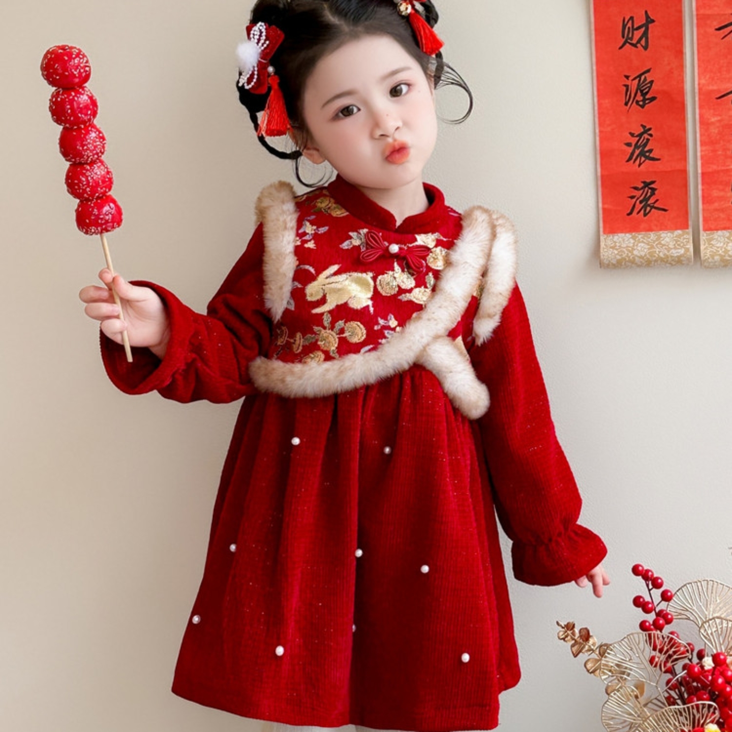 女童连衣裙2025新款洋气时髦加绒加厚冬款韩系保暖年服旗袍领裙子