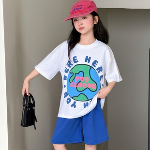 女童短袖太阳花T恤短裤套装2026新款夏洋休闲运动两件套克兰因蓝
