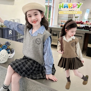 裙中小童潮 女童连衣裙2025新款 洋气时髦韩版 春秋款 学院风马甲衬衫