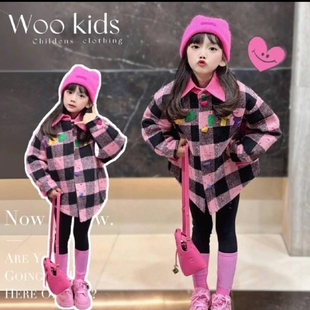 粉黑格子外套童装秋冬季新品翻领衬衫时尚百搭宽松版型女童多巴胺