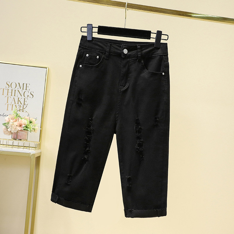 PLUS SIZE WOMENS SUMMER 2024 NEW HIGH WAIST STRETCH CROPPED PANTS FAT MM SLIM HOLE STRAIGHT DENIM SHORTS