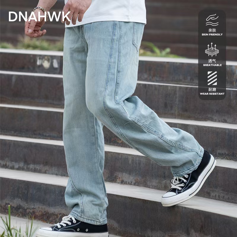 DNAHWK薄款牛仔裤春夏新款男宽松阔腿休闲百搭长裤子浅蓝色弯刀裤