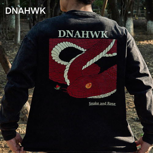 DNAHWK水洗蛇与玫瑰长袖春夏新款运动休闲风国潮美式纯棉健身T恤