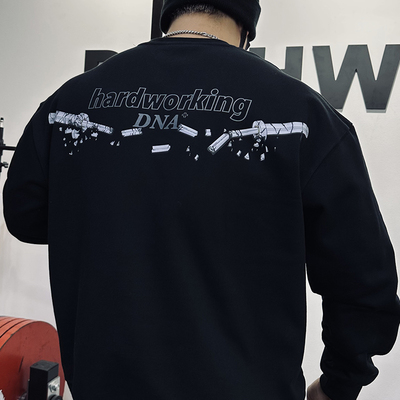 DNAHWK原创手绘粉碎杠铃印花卫衣男新款健身训练圆领重磅运动上衣