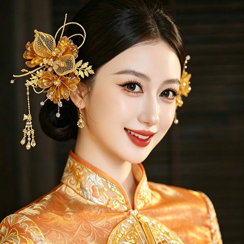 中式新娘发饰金色花朵流苏发簪套装高级感精致气质古风头饰