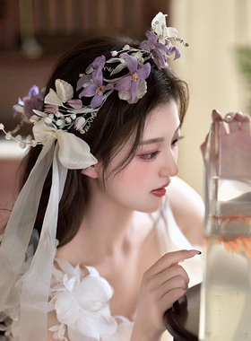 森系新娘花环头饰公主紫色发箍结婚发饰旅拍头花舞台演出配饰品
